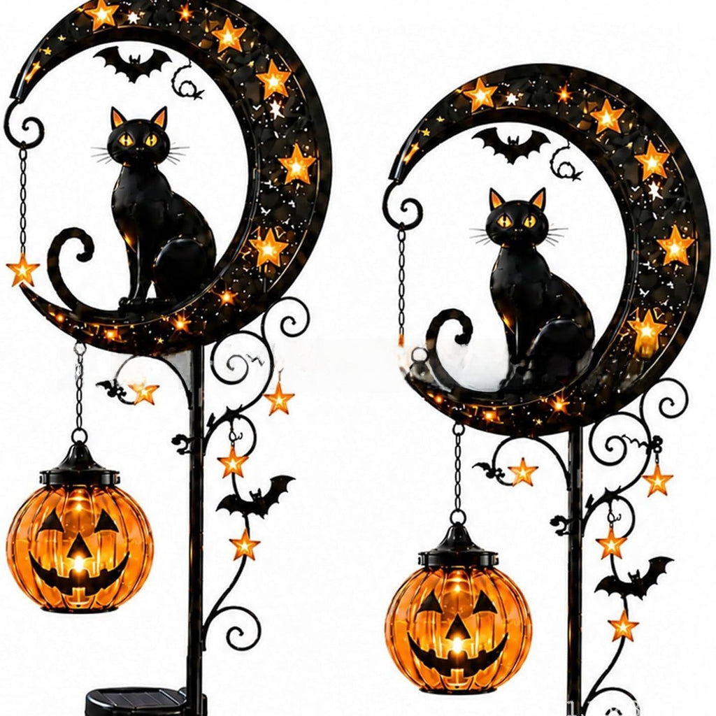 Halloween black cat pumpkin ground lamp with crescent moon and bat design