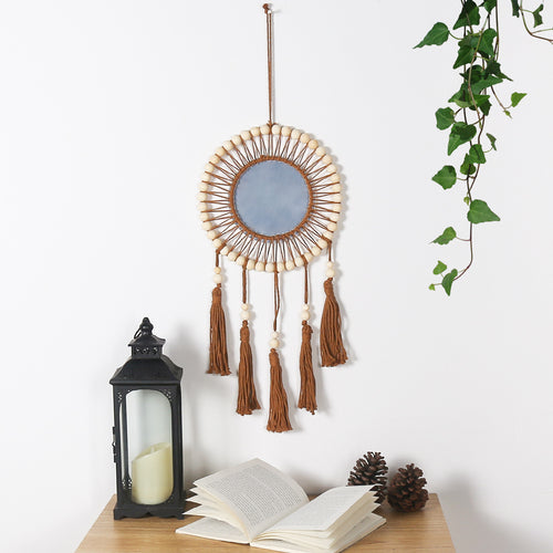 Bohemian Wooden Beads Cotton Rope Tassel Wall Mirror