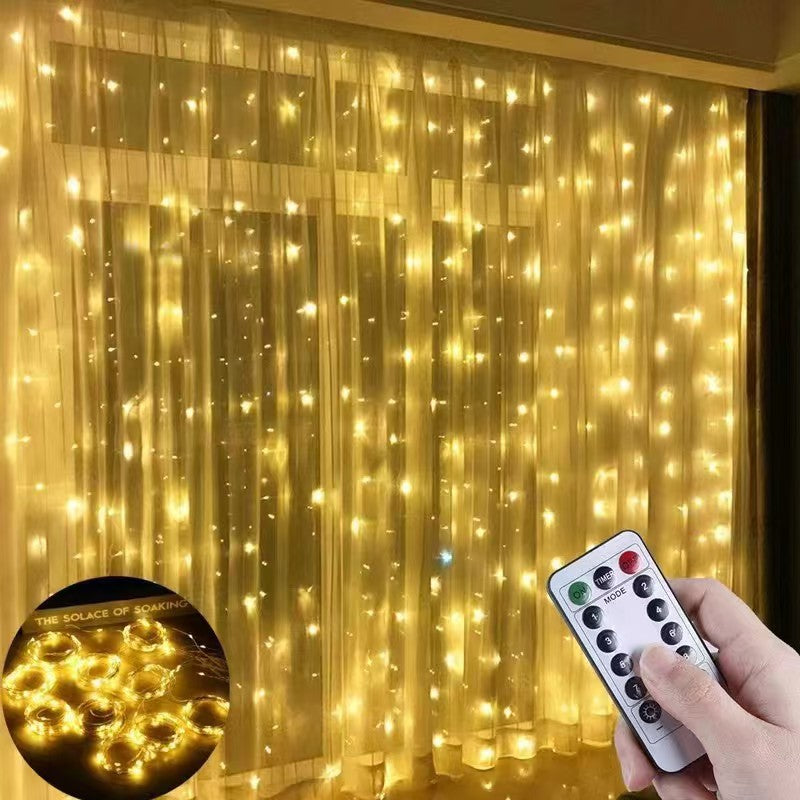 Outdoor solar powered curtain light string with warm yellow LED lights, remote control, flexible design, perfect for decorating windows or patios