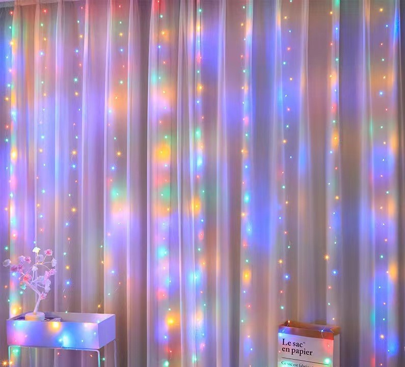 Multicolor LED curtain string lights with vibrant glow, enhancing outdoor decor with remote control, SKU: SU00057730-Warm-3x1m USB remote 100pcs